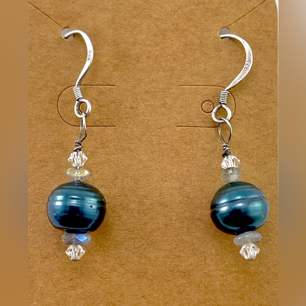 Genuine Black Tahitian Pearl Vintage Silver Drop Earrings